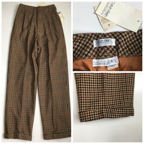 Calvin Klein Pants - NWT Vintage CALVIN KLEIN Plaid/Herringbone High Waist Cuff Hem 100% Wool Pant